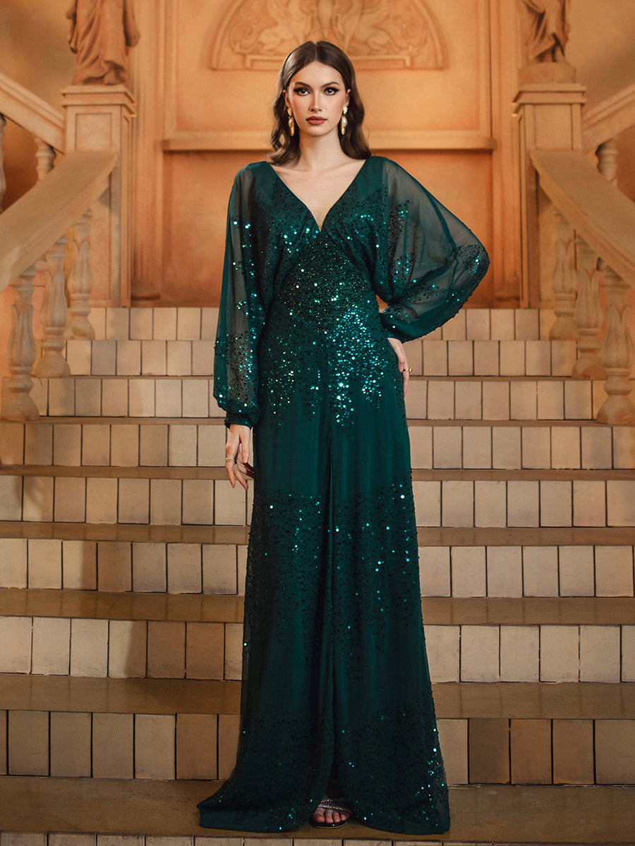 Lantern Sleeve V-Neck High Split Black Prom Dress RM21107
