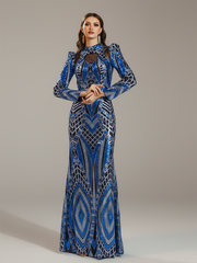 Blue Sequin Graphic Long Sleeve Prom Dress DH80462