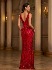 V-neck Split Sequin Maxi Prom Dress XH1586