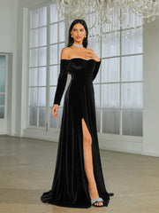 Off Shoulder Split Black Velvet Evening Dress XJ1946