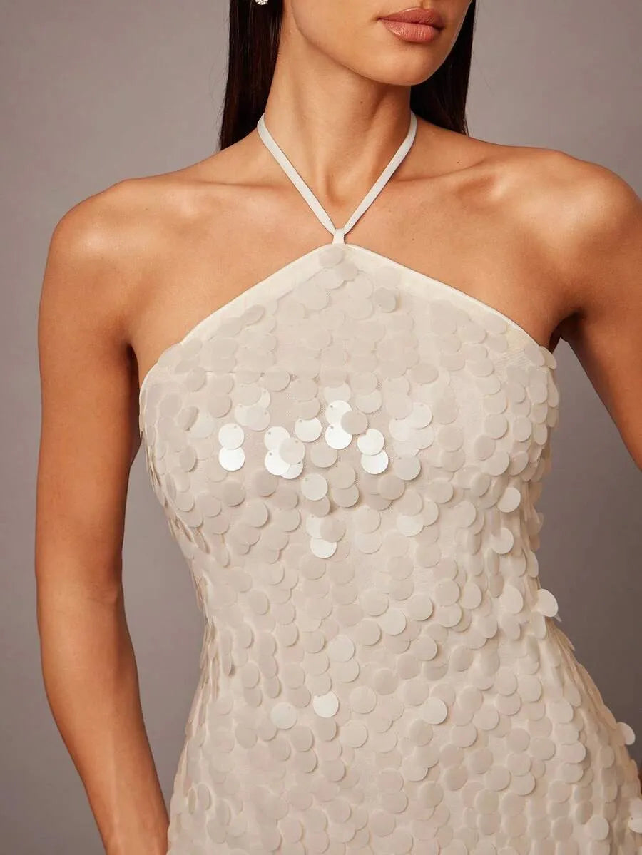 Ivory Sequin Halter Neck Backless Slit Maxi Evening Dress