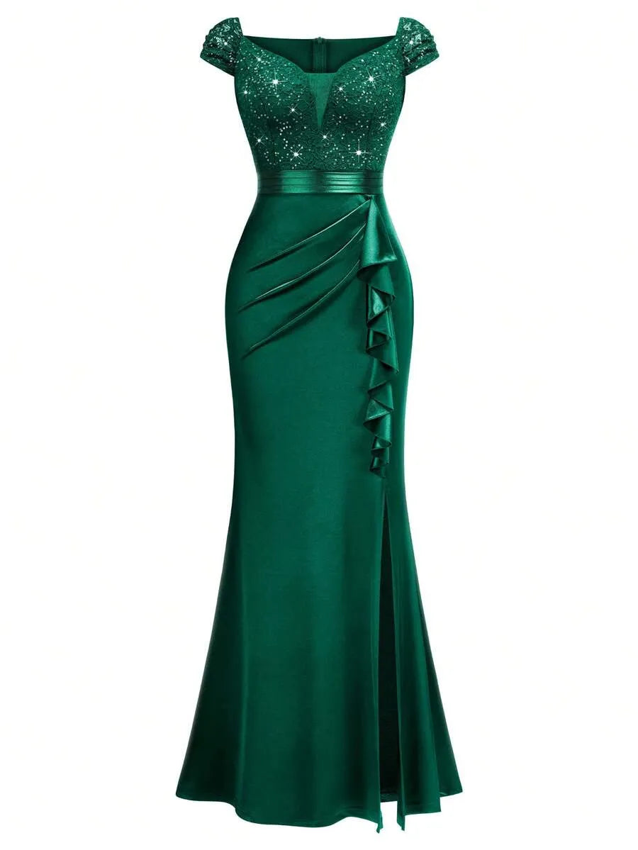 Sweetheart Sequin Lace Satin Mermaid High Slit Evening Dress