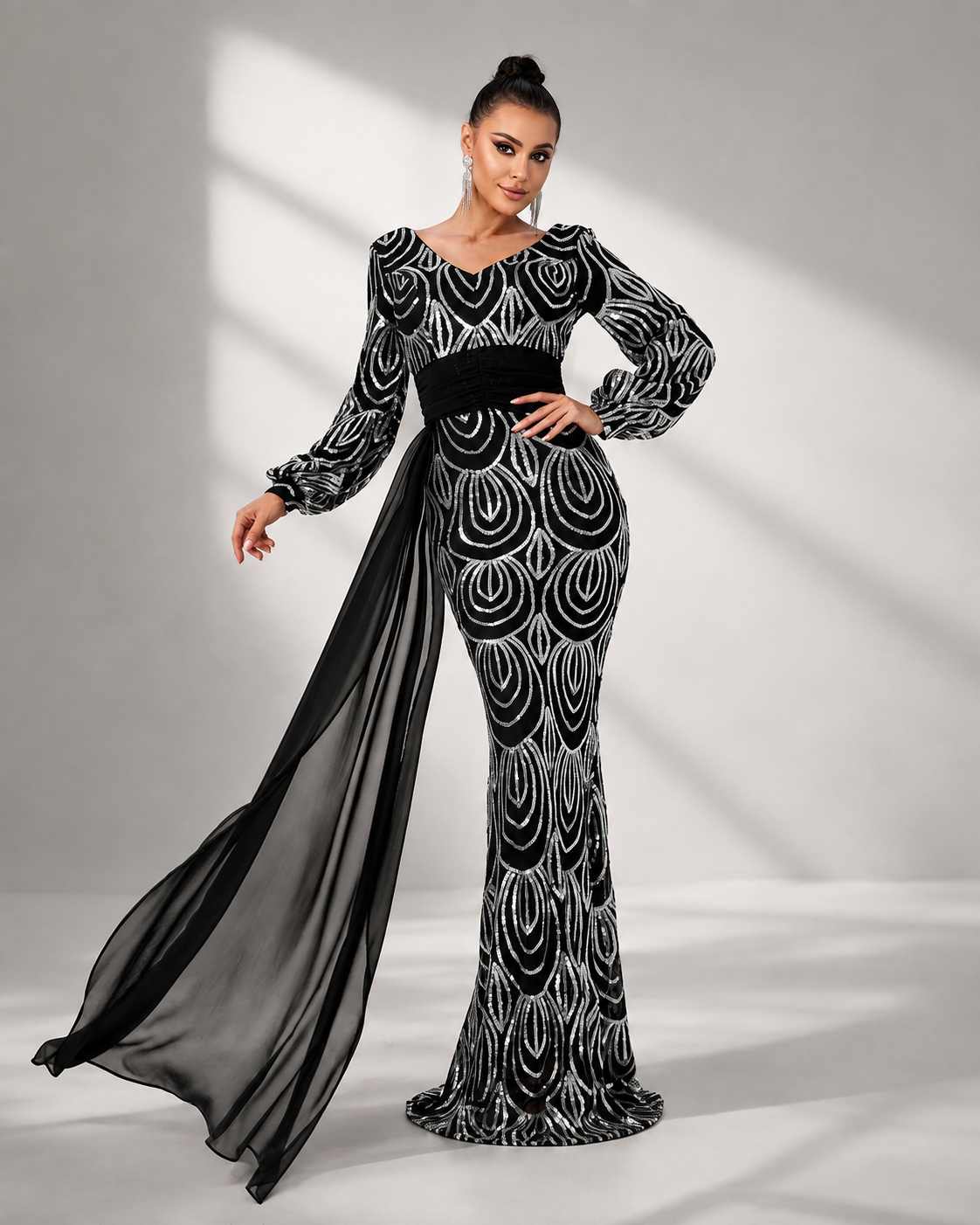V-Neck Long Sleeve Draped Sequin Mermaid Prom Dress XJ1524