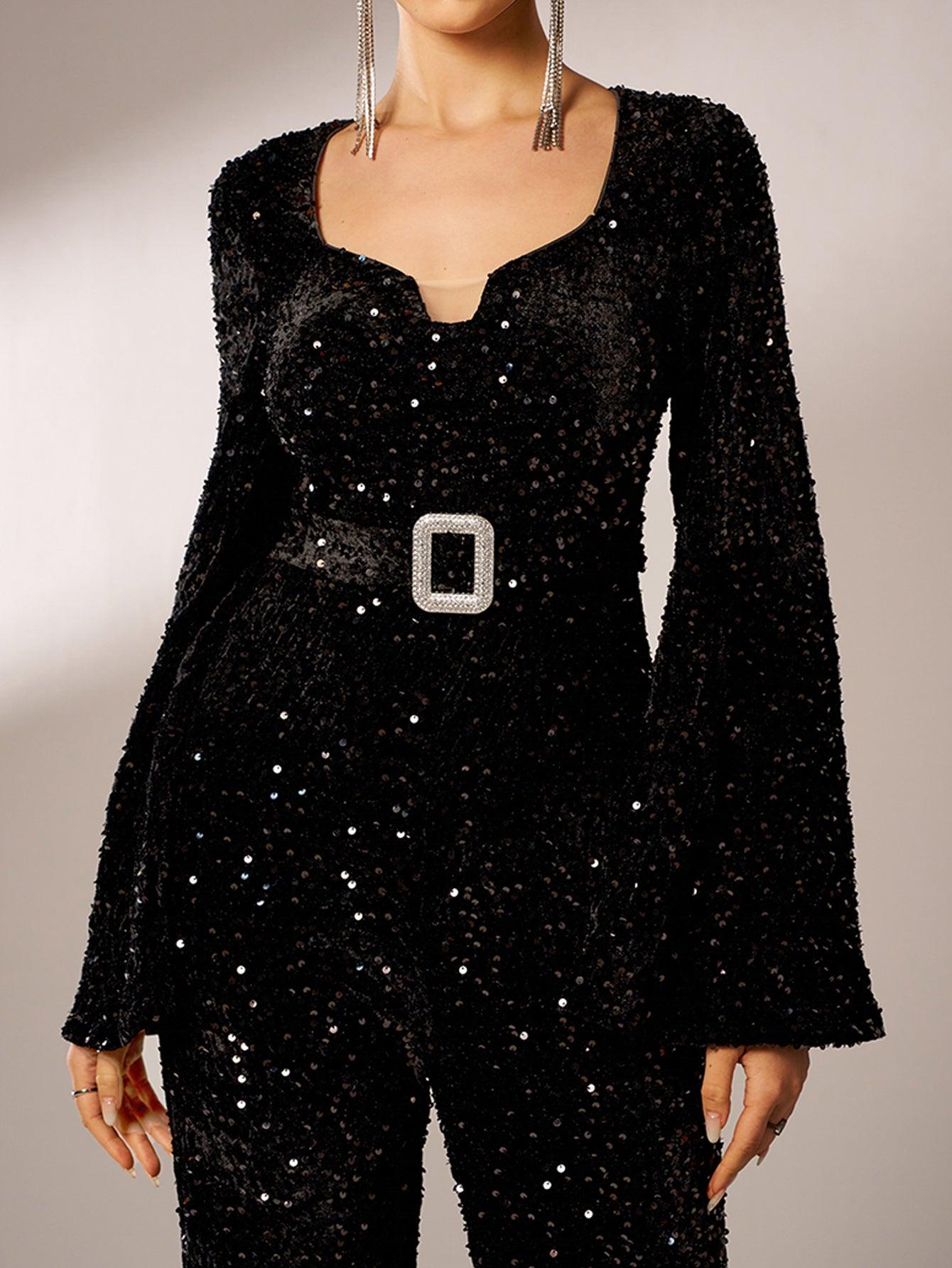 Long Sleeve V Neck Sequin Jumpsuit GM00622