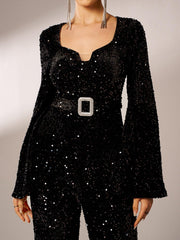 Long Sleeve V Neck Sequin Jumpsuit GM00622