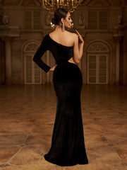 Cut Out Asymmetrical Black Velvet Formal Dress XH2404