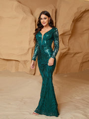 Long Sleeve Graphic Sequin Prom Dress XJ2109