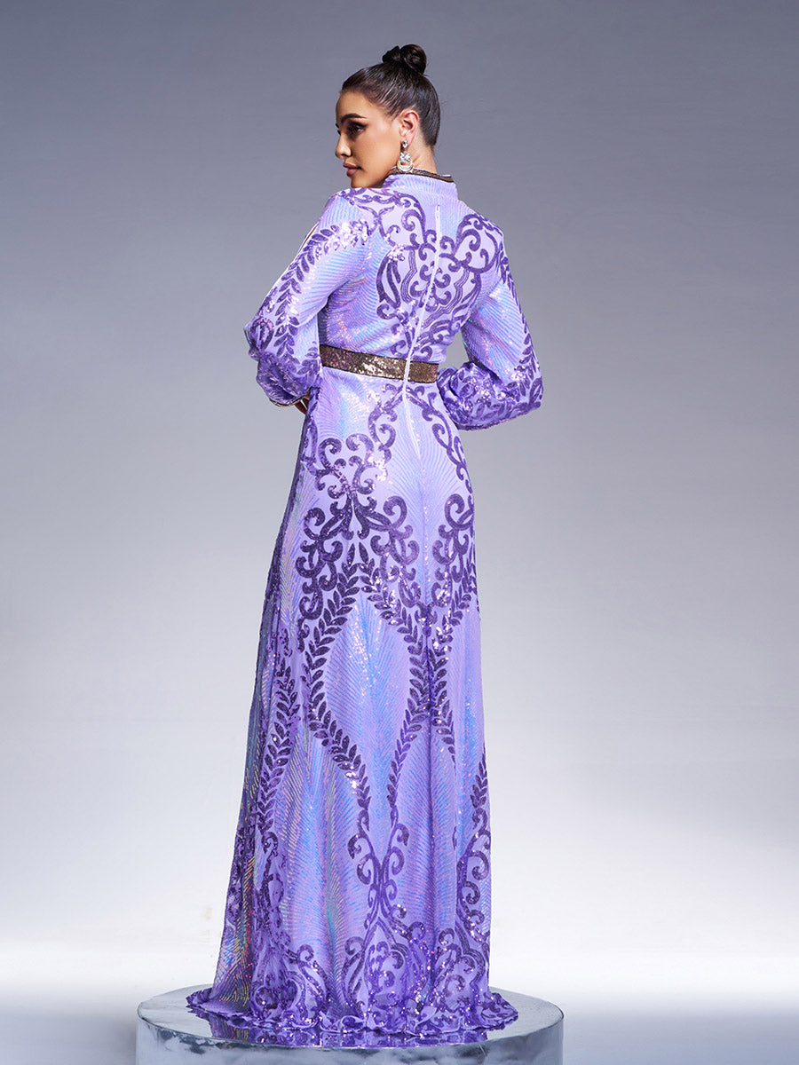Stand Collar Cutout Sleeve Sequin Abaya Maxi Dress ME00330