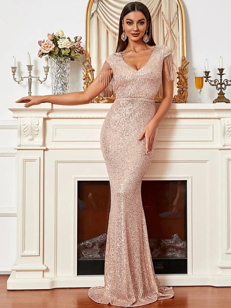 V Neck Cap Sleeve Sequin Floor Length Gold Evening Dress XH1929