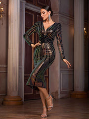 Plunging V-Neck Long Sleeve Sequin Bodycon Midi Dress GM01075