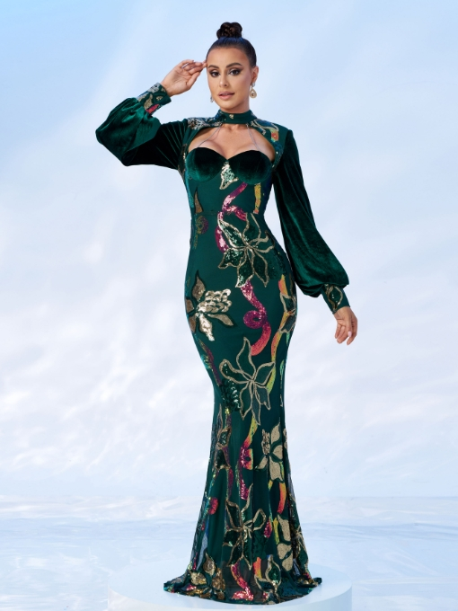 Cutout Lantern Sleeve Mermaid Dress RJ11296
