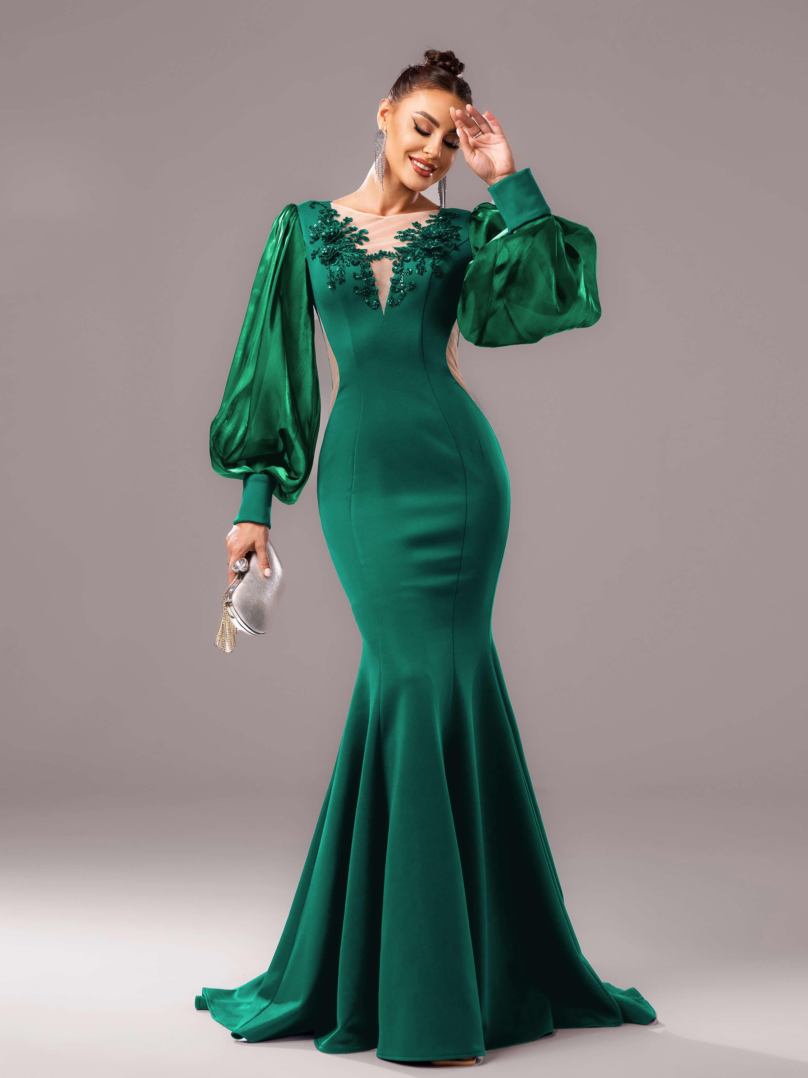 Black Embroidery Floor Length Puff Sleeve Dress DH80308