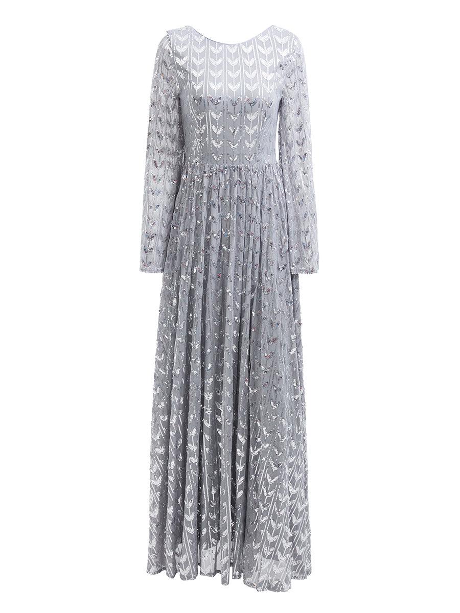 Silver Sequin Bell Sleeve Backless Maxi Evening Dress RM20603