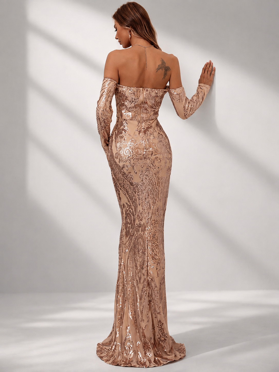 Off Shoulder Long Sleeve Sequin Mermaid Prom Dress FT18392
