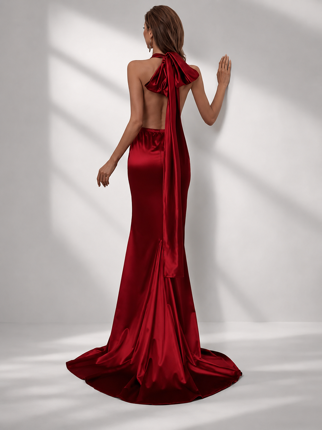 Convertible Halter Deep V Backless Satin Mermaid Dress FT5035