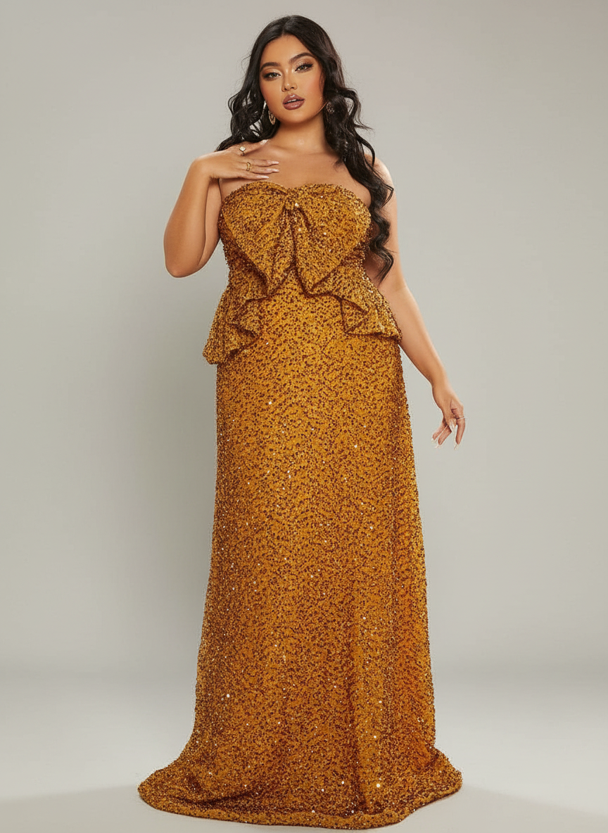 Plus Size Ruffle Bow Sequin Ginger Evening Dress PJM022L