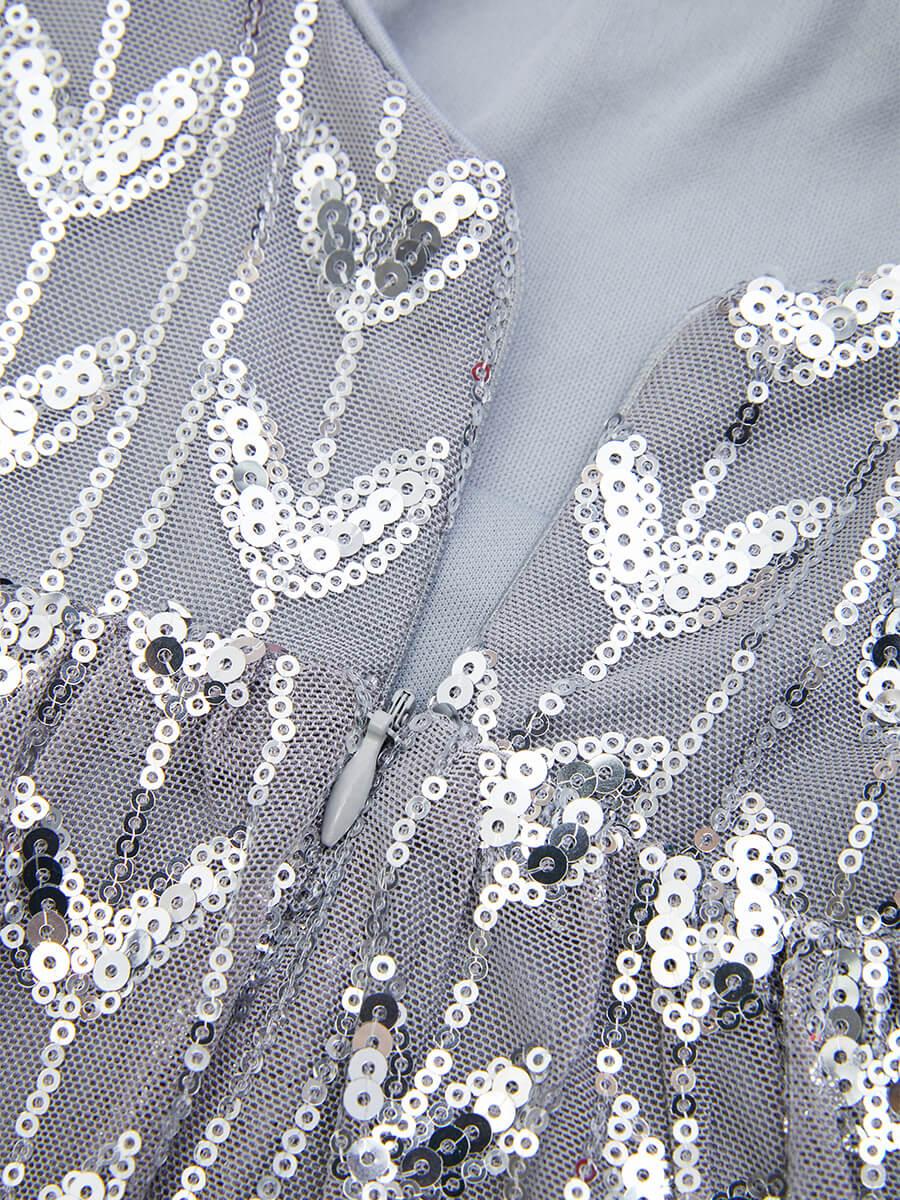 Silver Sequin Bell Sleeve Backless Maxi Evening Dress RM20603