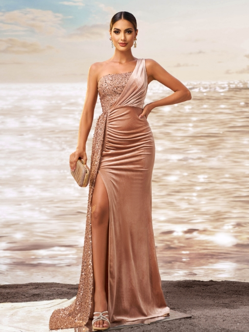 One Shoulder Velvet Split Thigh Prom Dress XH2356