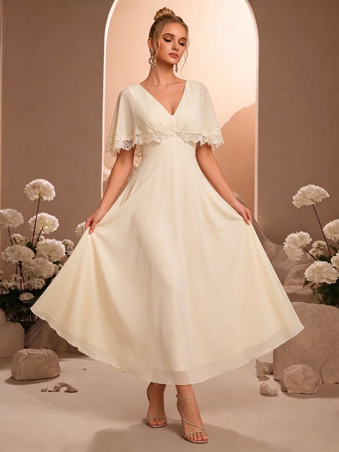 V Neck Lace Cape Chiffon A-Line Bridesmaid Dress SL30556