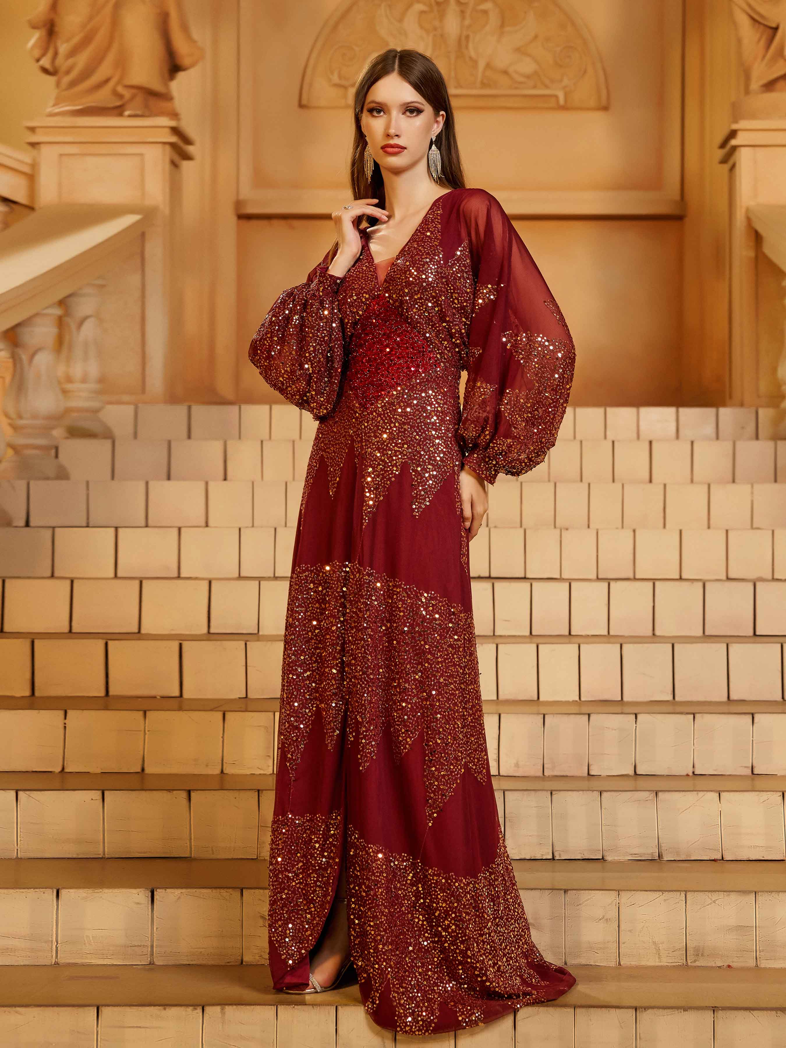 Lantern Sleeve V-Neck High Split Black Prom Dress RM21107