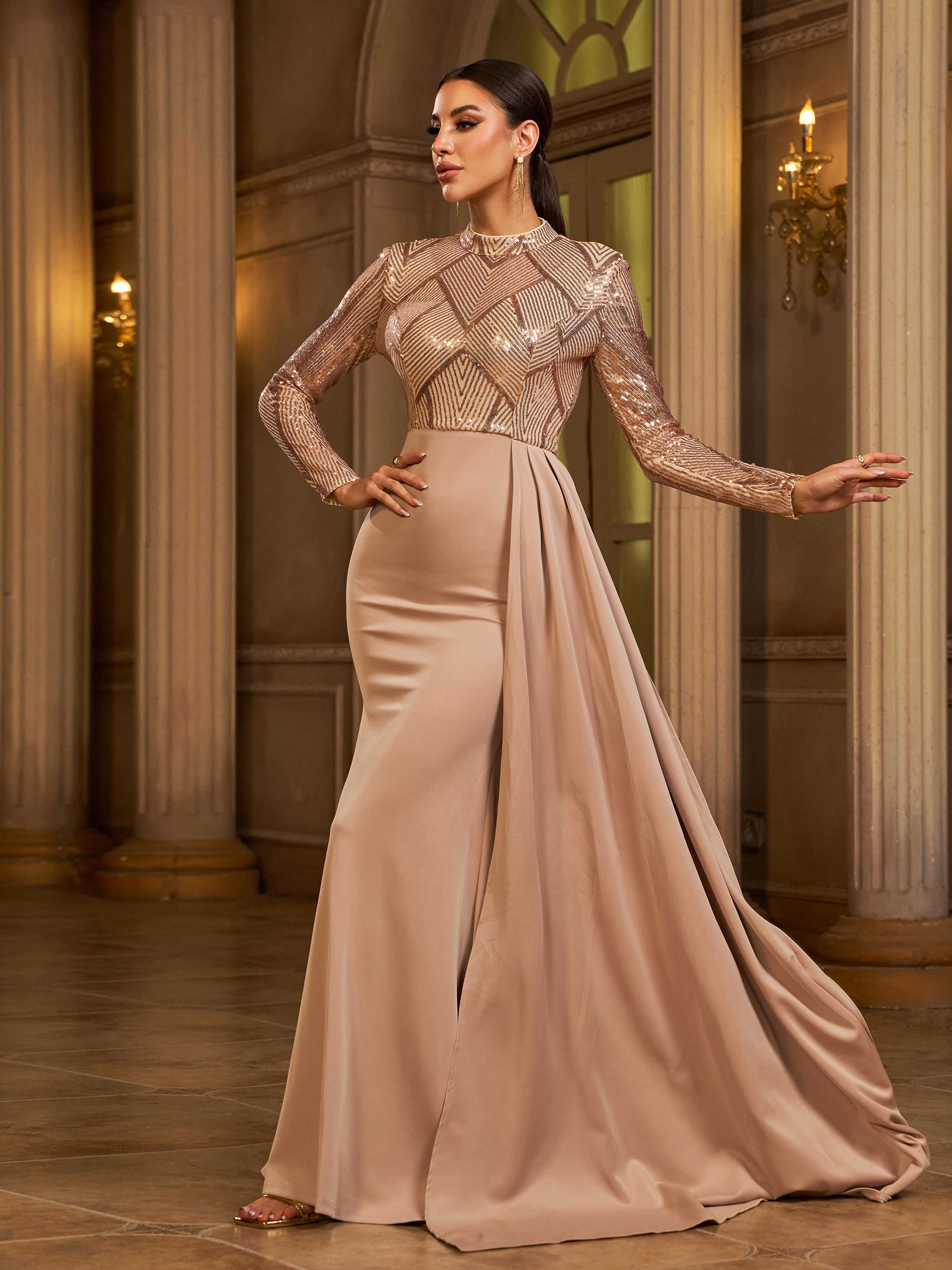 Draping Long Sleeve Sequin Formal Dress M02153