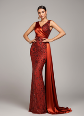 Elegant Drape Satin Embellished Evening Dress RJ12169