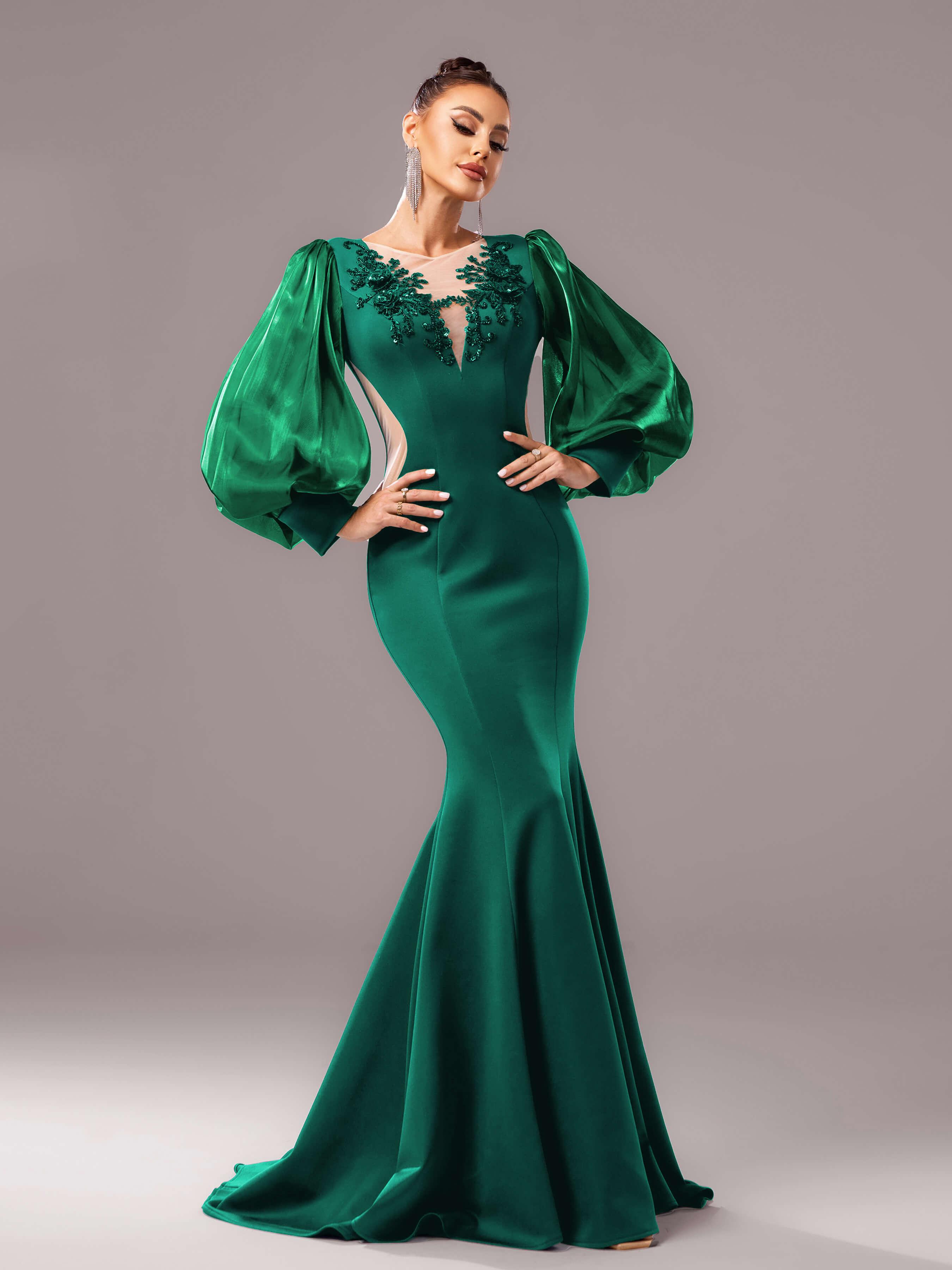 Black Embroidery Floor Length Puff Sleeve Dress DH80308
