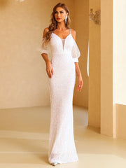 Cold Shoulder Contrast Mesh Puff Sleeve Sequin Wedding Dress M01877