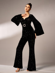 Long Sleeve V Neck Sequin Jumpsuit GM00622