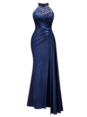 Halter Neck Sequin Lace Satin Draped Side Slit Maxi Evening Dress