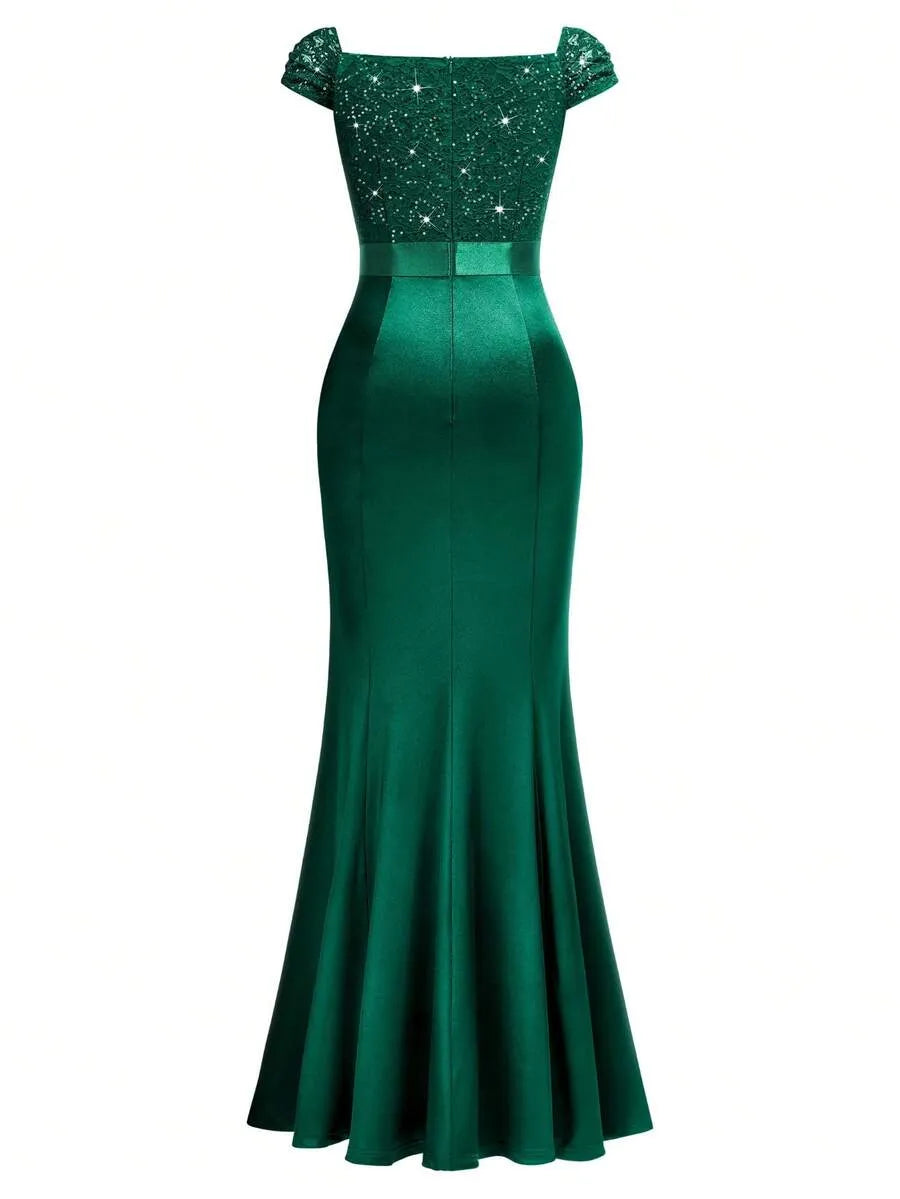 Sweetheart Sequin Lace Satin Mermaid High Slit Evening Dress