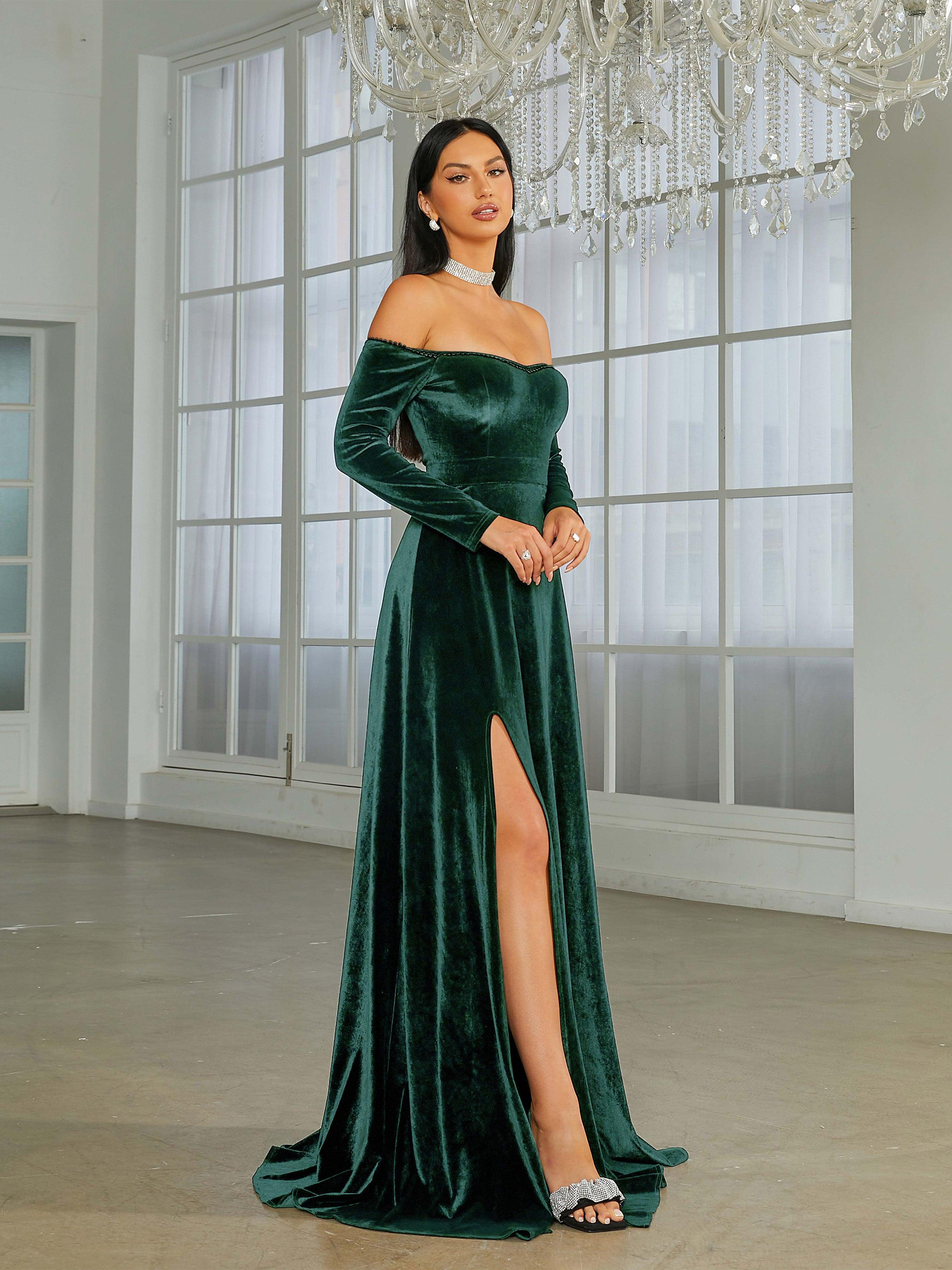 Off Shoulder Split Black Velvet Evening Dress XJ1946