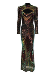 High Neck Cut Out Long Sleeve Sequin Mermaid Evening Dress XH2349