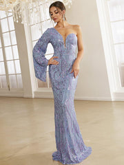 Sweetheart One Shoulder Off Purple Sequin Prom Dress XH2277