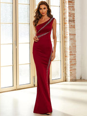 Elegant One-Shoulder Rhinestone Burgundy Evening Gown M01862