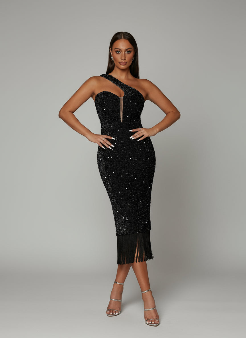 One Shoulder Fringed Midi Dress M02182