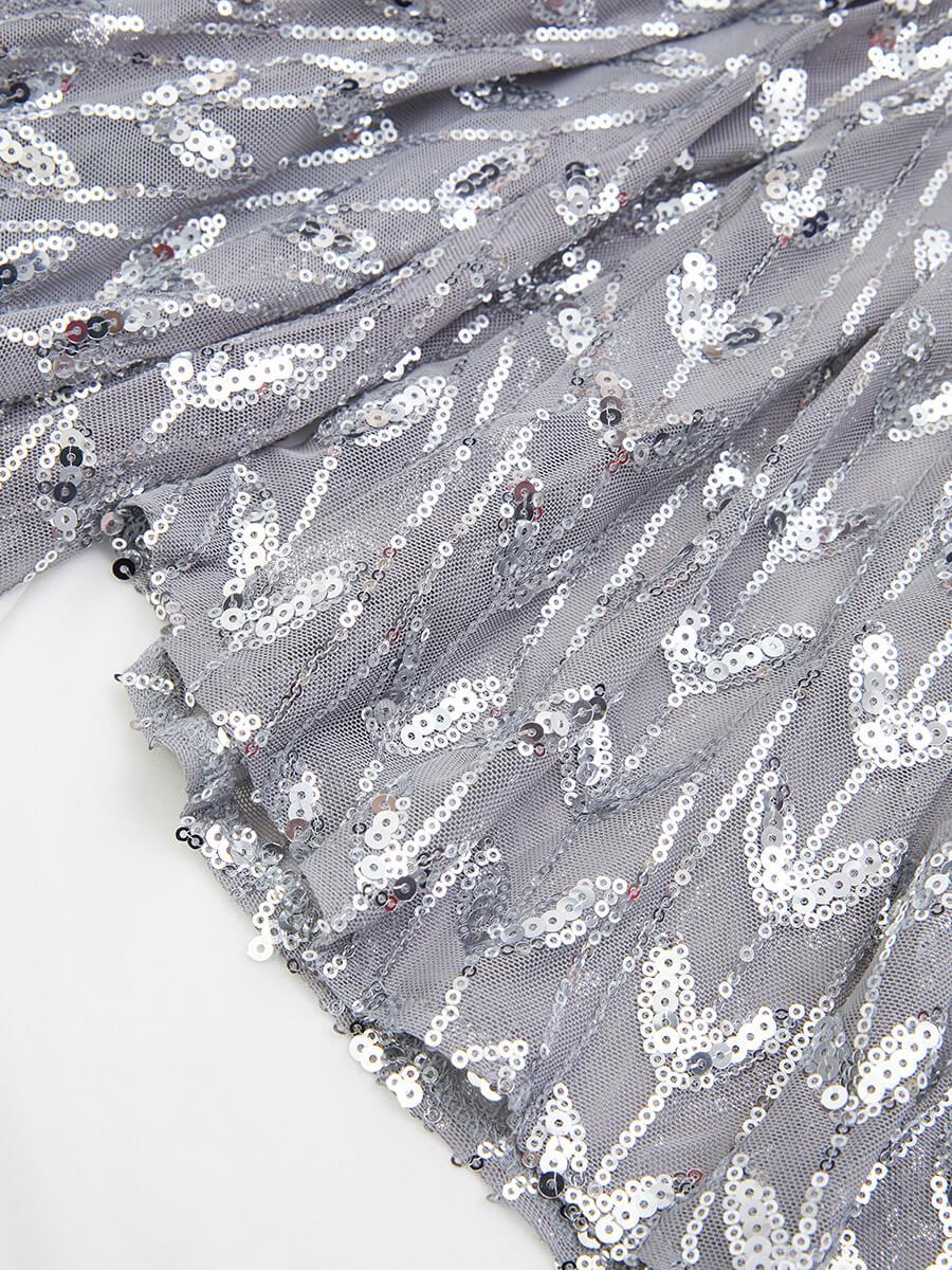 Silver Sequin Bell Sleeve Backless Maxi Evening Dress RM20603
