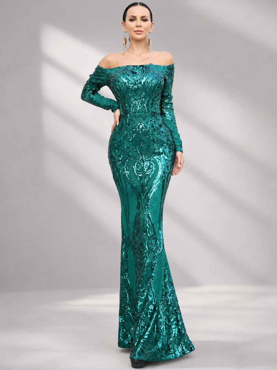 Off Shoulder Long Sleeve Sequin Mermaid Prom Dress FT18392