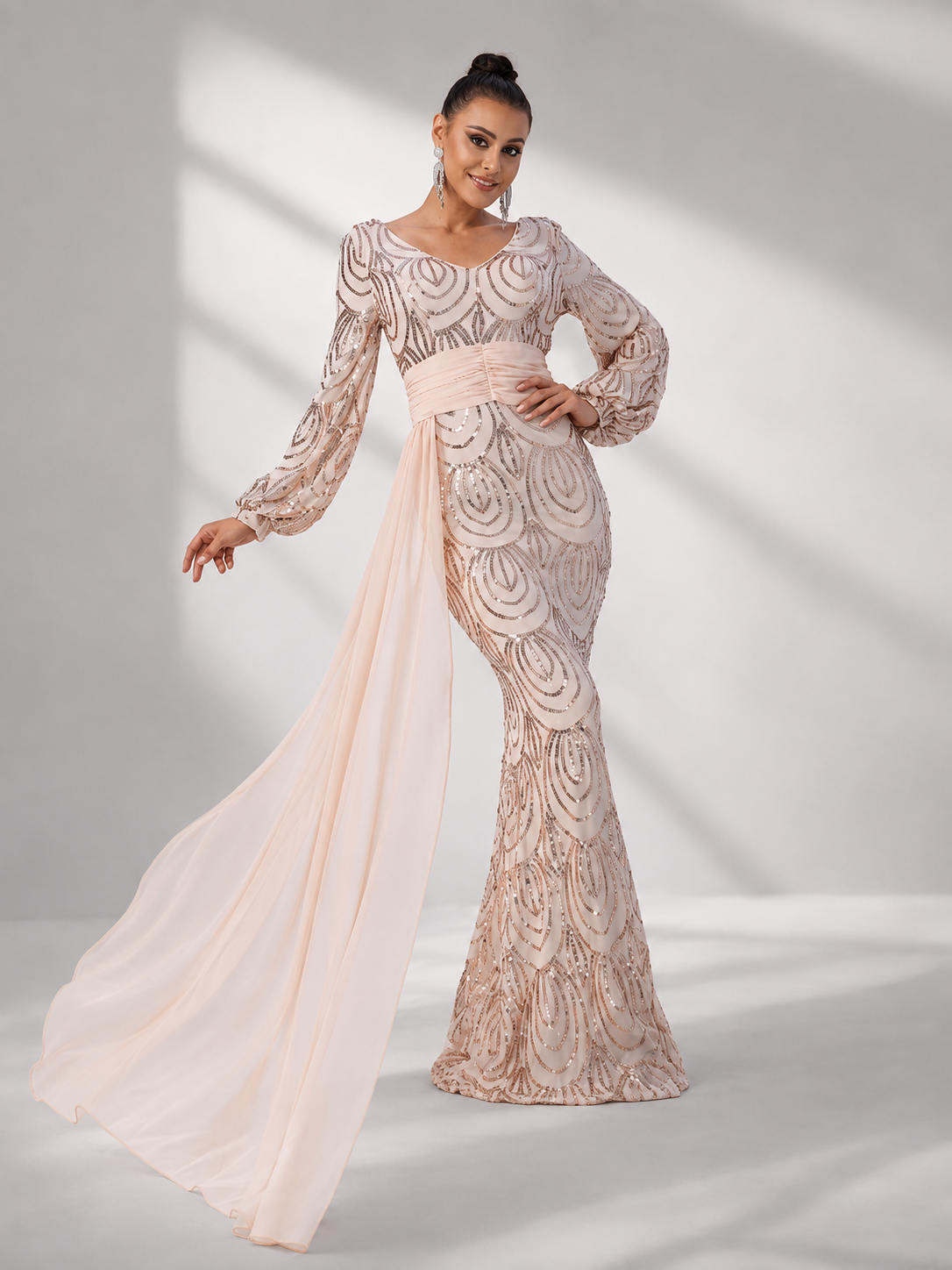 V-Neck Long Sleeve Draped Sequin Mermaid Prom Dress XJ1524