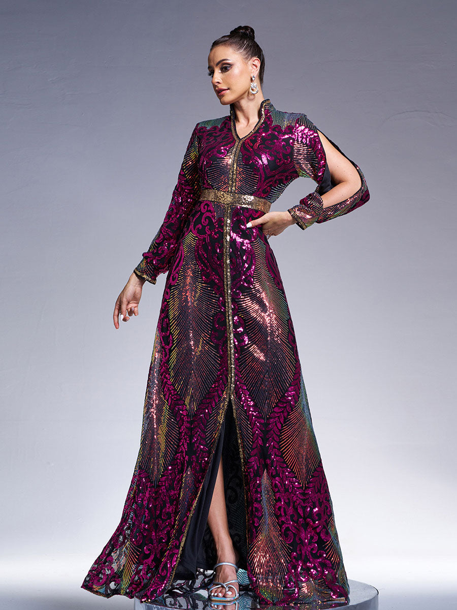 Stand Collar Cutout Sleeve Sequin Abaya Maxi Dress ME00330