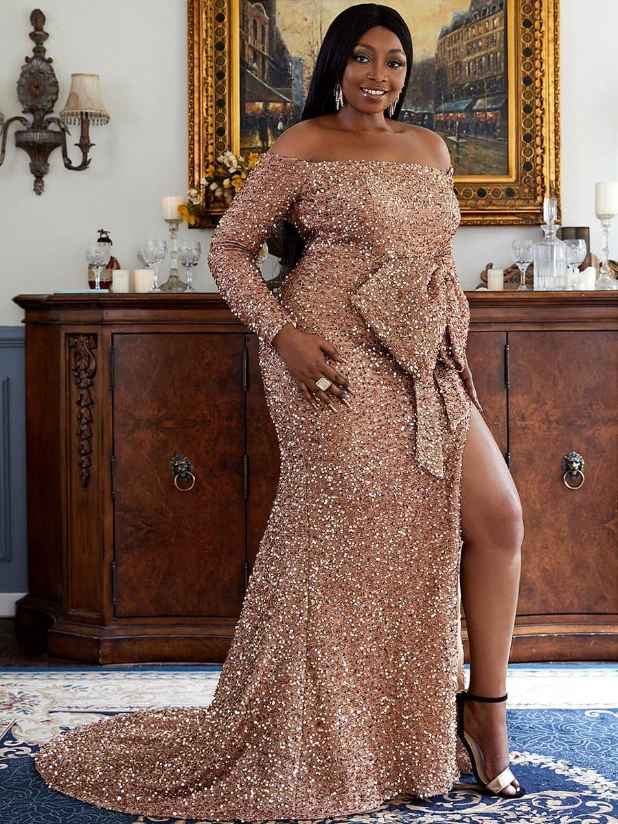 Plus Size Off The Shoulder Bow Knot Split Maxi Evening Dress PXH2122