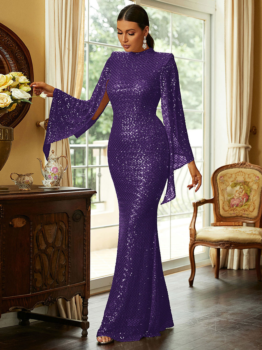 High Neck Sequin Bell Sleeve Mermaid Evening Dress XJ1263