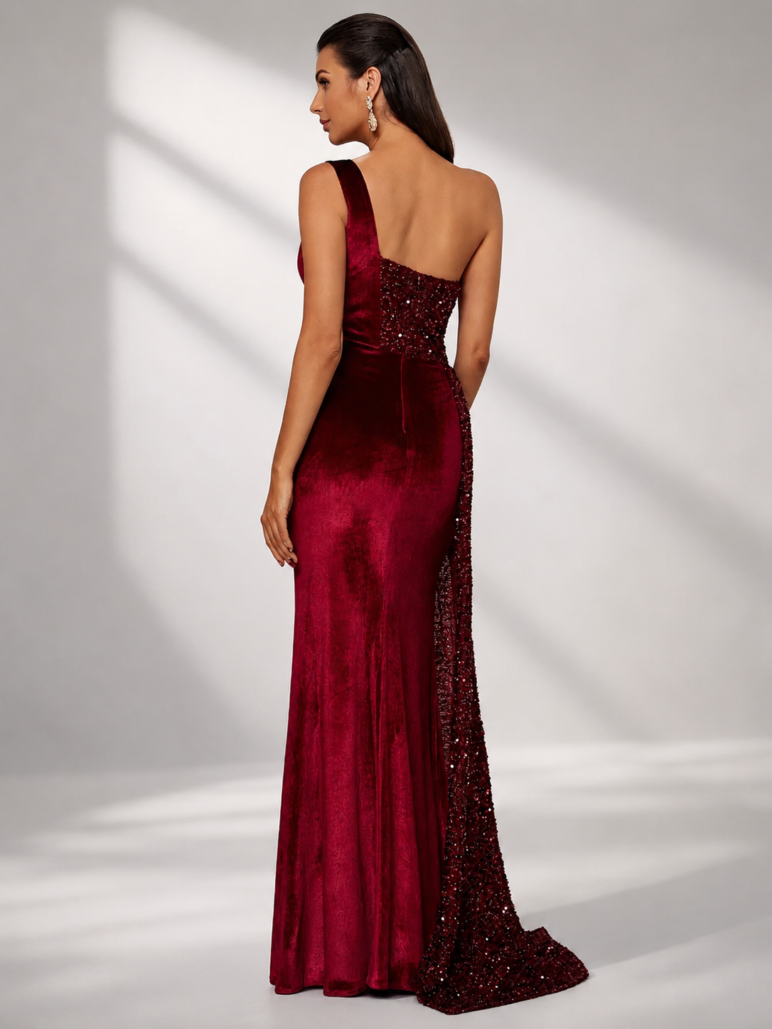 One Shoulder Velvet Split Thigh Prom Dress XH2356