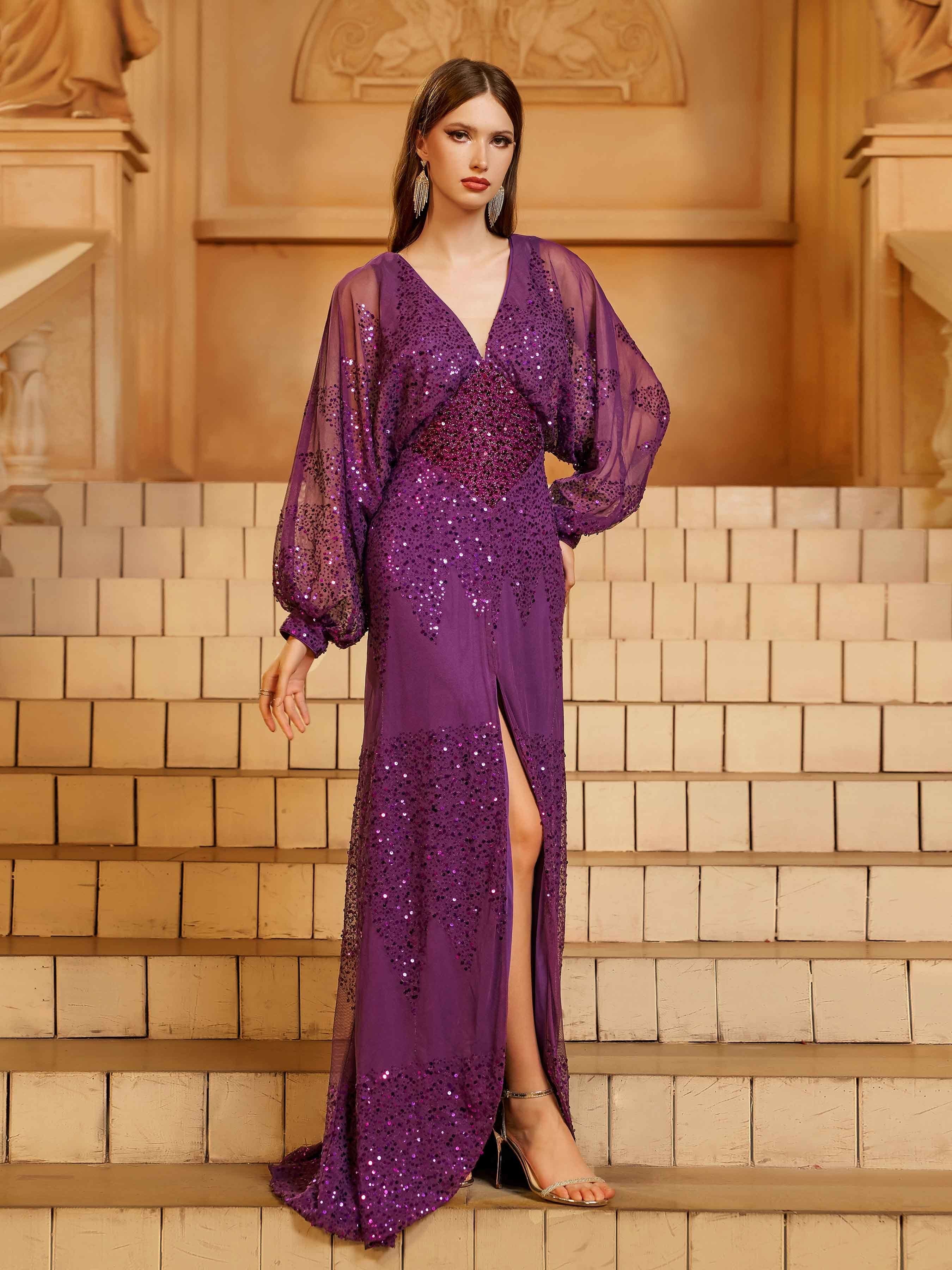 Lantern Sleeve V-Neck High Split Black Prom Dress RM21107