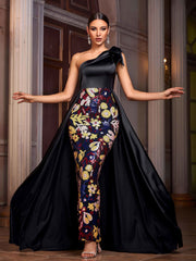 Black Sequin Floral Cape Prom Dress GM01051