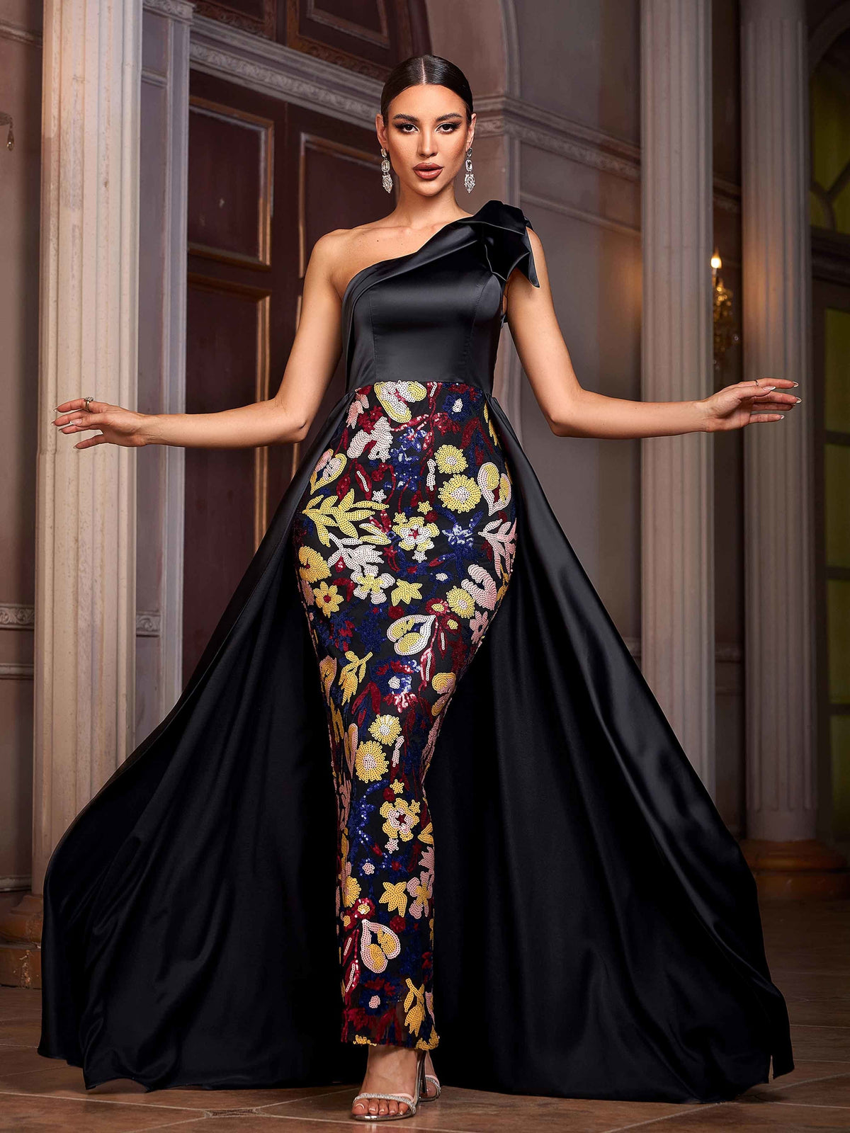 Black Sequin Floral Cape Prom Dress GM01051