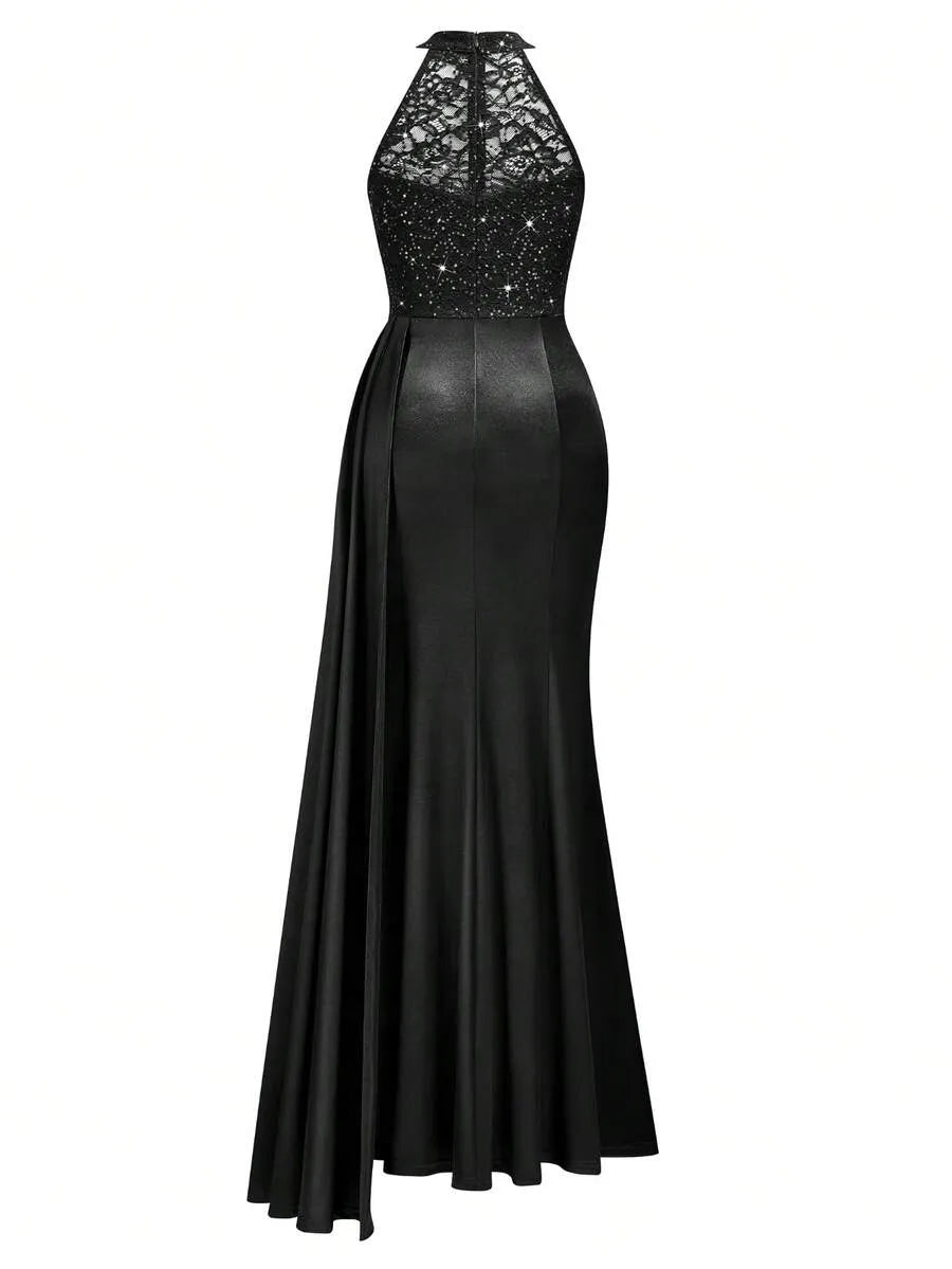 Halter Neck Sequin Lace Satin Draped Side Slit Maxi Evening Dress