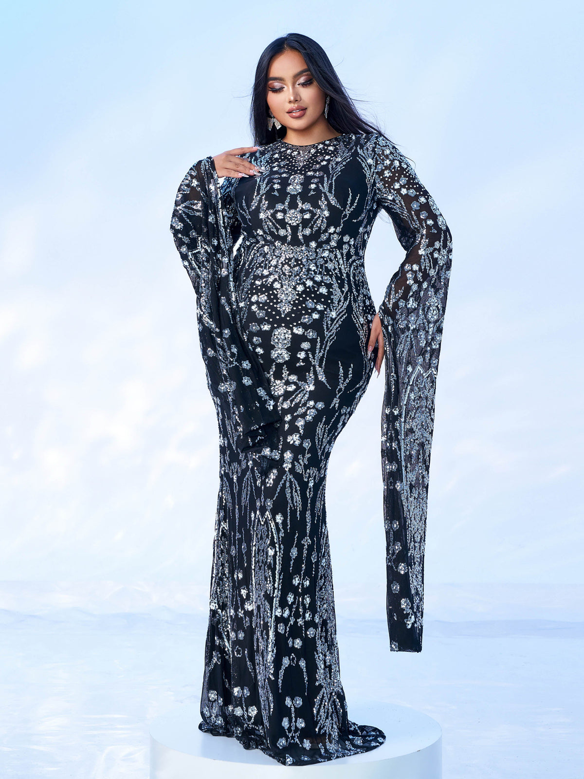 Plus Long Sleeve Mermaid Sequin Maxi Dress PMES00404