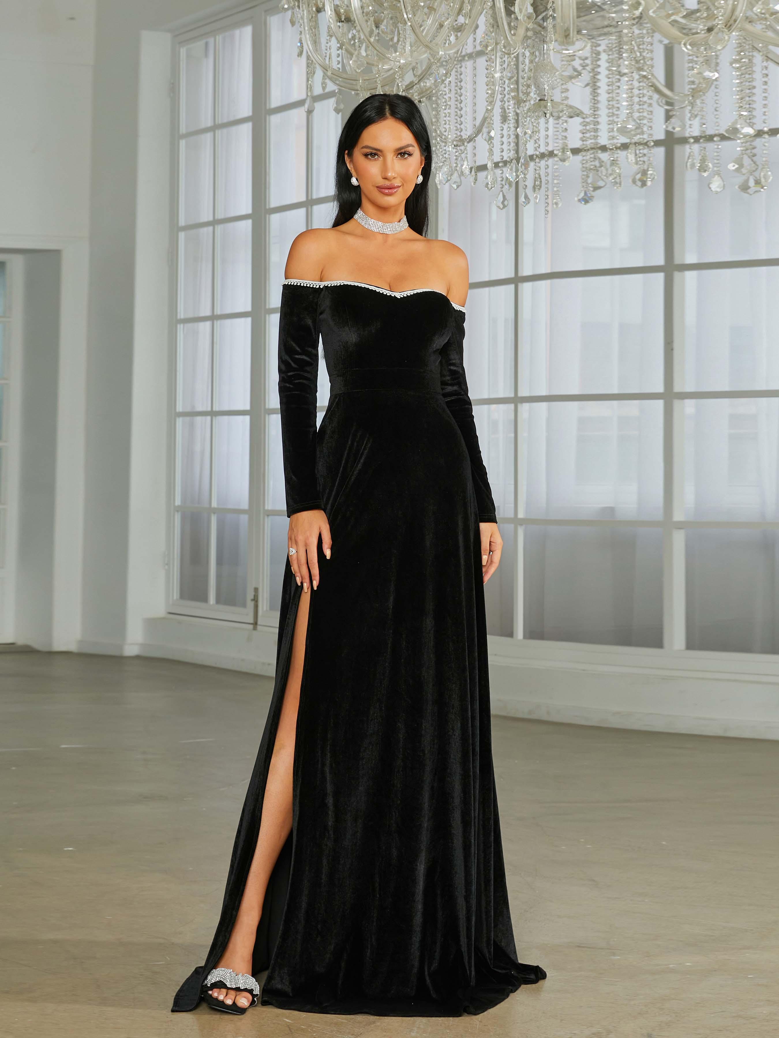 Off Shoulder Split Black Velvet Evening Dress XJ1946