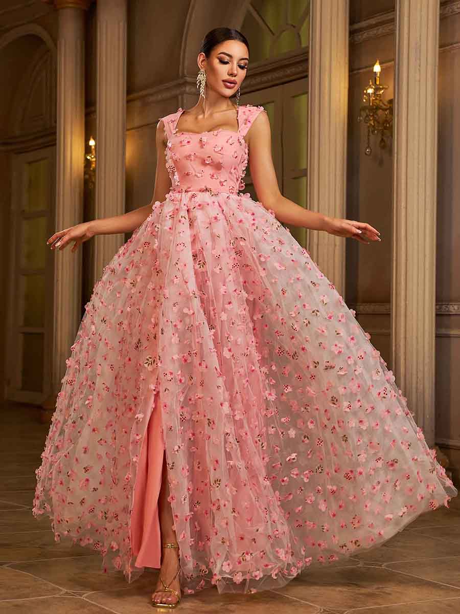 Appliqued Pink Camisole Floral Tulle Dress GM00142
